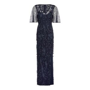Adrianna Papell Navy Sheer Lace Angel Flutter Sleeve Long Evening Dress Gown 10